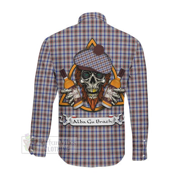 Boswell Tartan Long Sleeve Button Shirt with Family Crest and Bearded Skull Holding Bottles of Whiskey Men's Shirt - Tartan Vibes Clothing