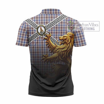 Boswell Crest Tartan Zipper Polo Shirt with Golden Lion Emblem Celtic Style - Tartan Vibes Clothing