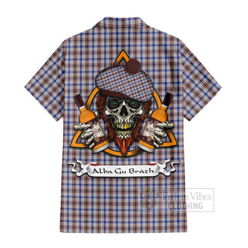 Boswell Tartan Hawaiian Shirt with Family Crest and Bearded Skull Holding Bottles of Whiskey - Tartan Vibes Clothing