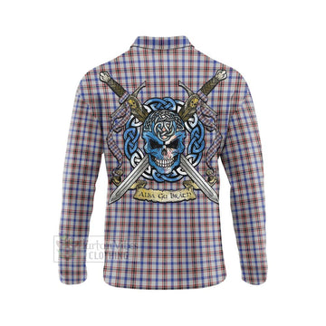 Boswell Tartan Long Sleeve Polo Shirt with Family Crest Celtic Skull Style - Tartan Vibes Clothing