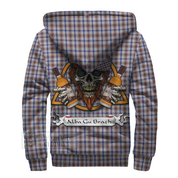 Boswell Tartan Sherpa Hoodie with Family Crest and Bearded Skull Holding Bottles of Whiskey - Tartan Vibes Clothing