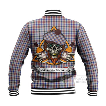 Boswell Tartan Baseball Jacket with Family Crest and Bearded Skull Holding Bottles of Whiskey - Tartan Vibes Clothing