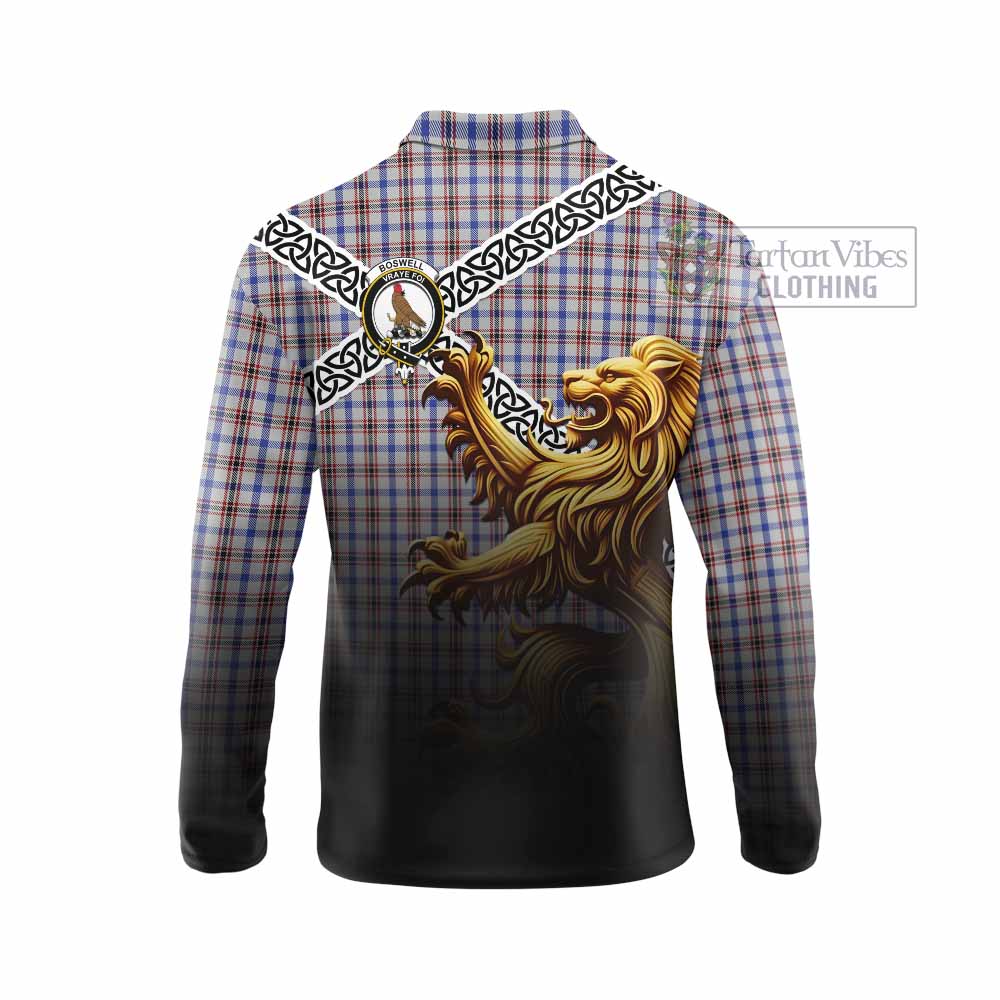Boswell Crest Tartan Long Sleeve Polo Shirt with Golden Lion Emblem Celtic Style - Tartan Vibes Clothing