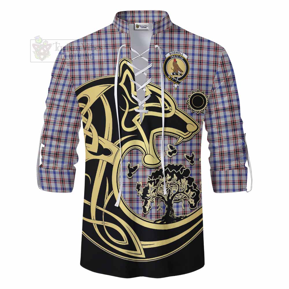 Boswell Tartan Ghillie Kilt Shirt with Family Crest Celtic Wolf Style - Tartan Vibes Clothing