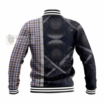 Boswell Tartan Baseball Jacket with Family Crest Cross Sword Thistle Celtic Vibes - Tartan Vibes Clothing