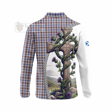 Tartan Vibes Clothing Boswell Tartan Long Sleeve Polo Shirt with Family Crest and St. Andrew's Cross Accented by Thistle Vines