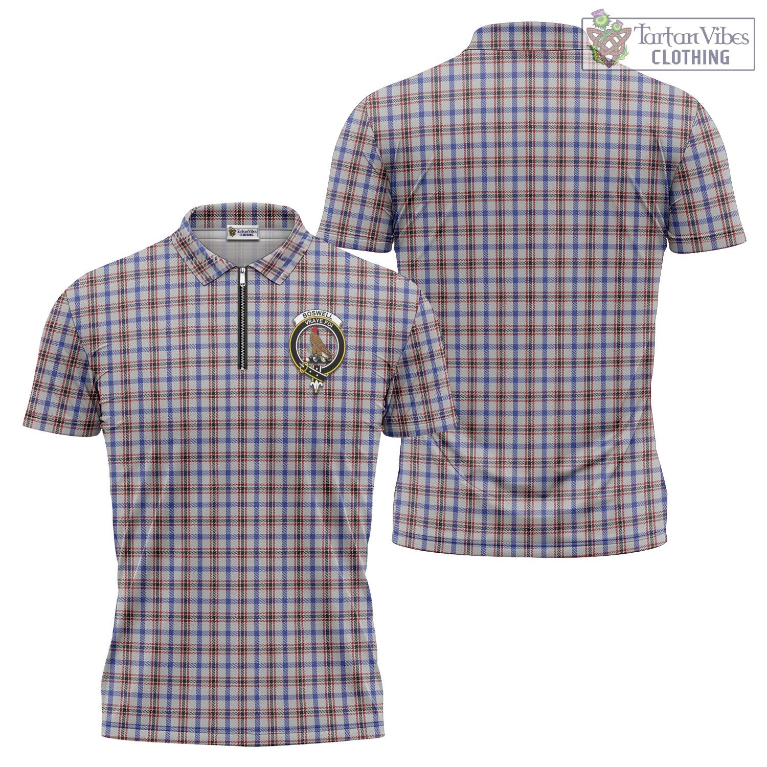 Boswell Tartan Zipper Polo Shirt with Family Crest - Tartan Vibes Clothing