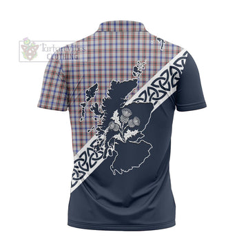 Boswell Tartan Zipper Polo Shirt Featuring Thistle and Scotland Map - Tartanvibesclothing Store