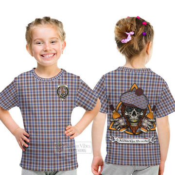 Boswell Tartan Kid T-Shirt with Family Crest and Bearded Skull Holding Bottles of Whiskey - Tartan Vibes Clothing