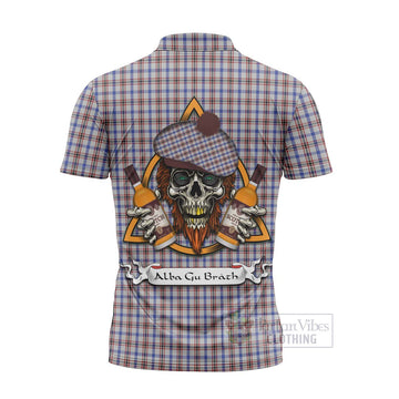 Boswell Tartan Zipper Polo Shirt with Family Crest and Bearded Skull Holding Bottles of Whiskey - Tartan Vibes Clothing