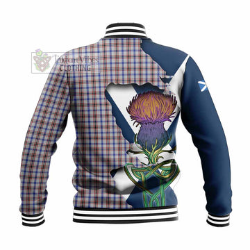 Tartan Vibes Clothing Boswell Tartan Family Crest Baseball Jacket Scottish Thistle Celtic Inspired