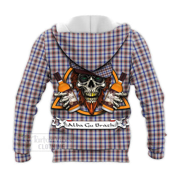 Boswell Tartan Knitted Hoodie with Family Crest and Bearded Skull Holding Bottles of Whiskey - Tartan Vibes Clothing