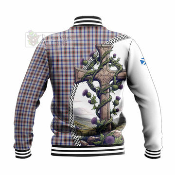 Tartan Vibes Clothing Boswell Tartan Baseball Jacket with Family Crest and St. Andrew's Cross Accented by Thistle Vines