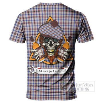 Boswell Tartan T-Shirt with Family Crest and Bearded Skull Holding Bottles of Whiskey - Tartan Vibes Clothing