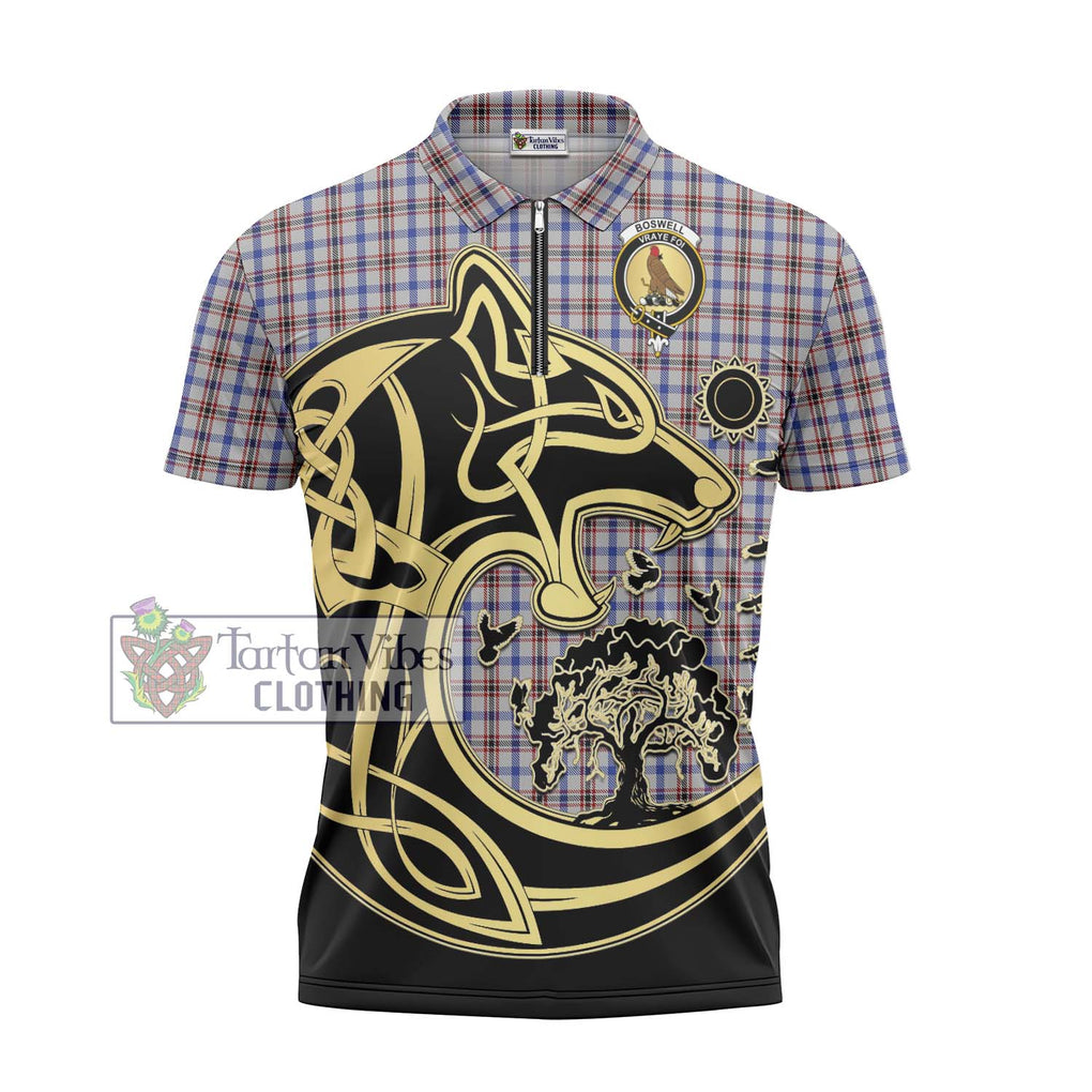 Boswell Tartan Zipper Polo Shirt with Family Crest Celtic Wolf Style - Tartan Vibes Clothing