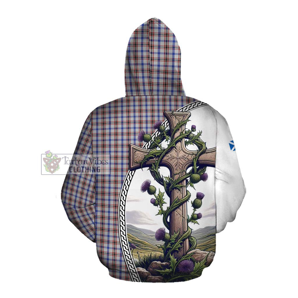 Tartan Vibes Clothing Boswell Tartan Cotton Hoodie with Family Crest and St. Andrew's Cross Accented by Thistle Vines