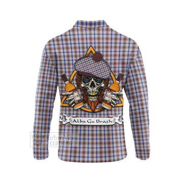 Boswell Tartan Long Sleeve Polo Shirt with Family Crest and Bearded Skull Holding Bottles of Whiskey - Tartan Vibes Clothing