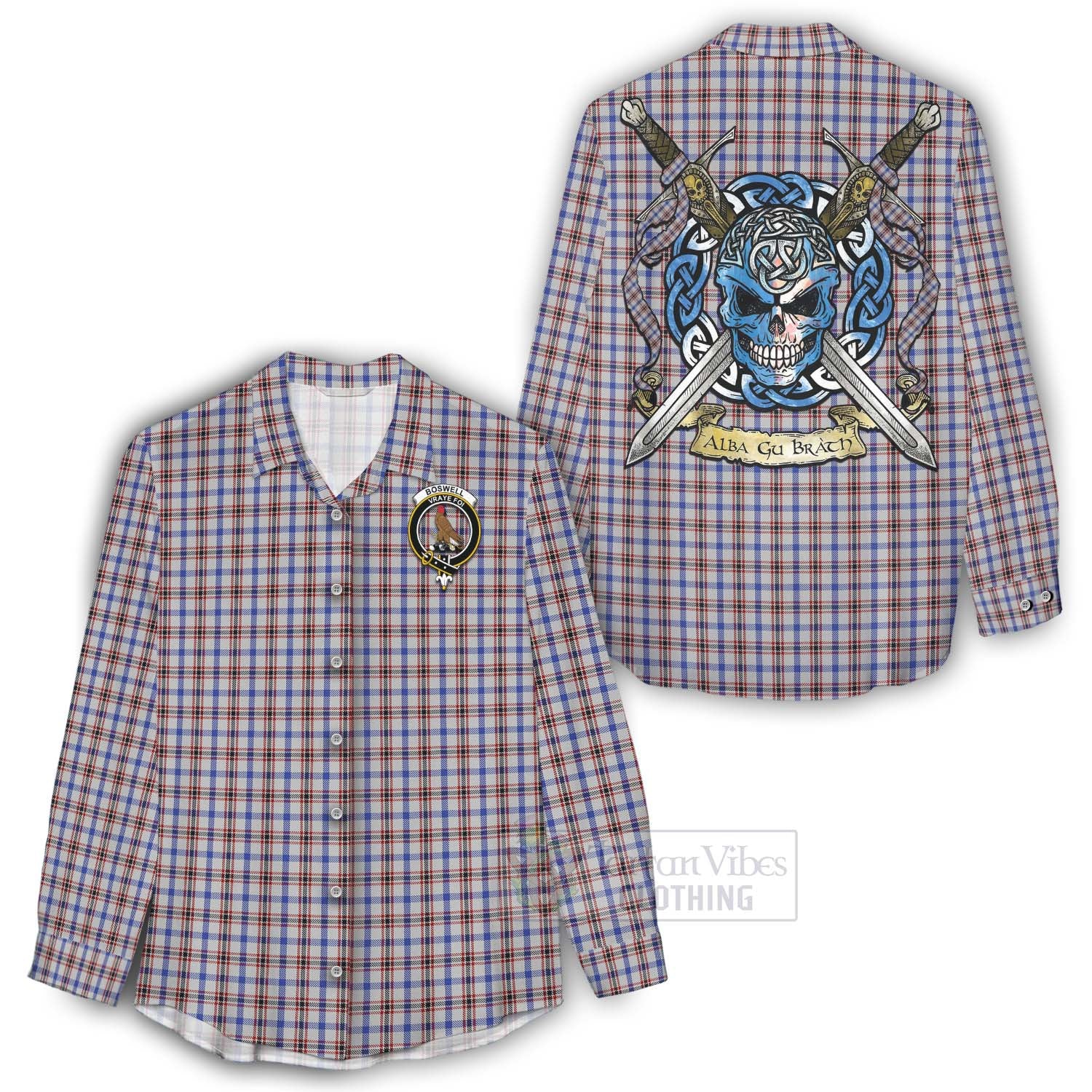 Boswell Tartan Women's Casual Shirt with Family Crest Celtic Skull Style - Tartan Vibes Clothing