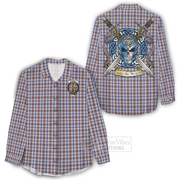 Boswell Tartan Women's Casual Shirt with Family Crest Celtic Skull Style - Tartan Vibes Clothing