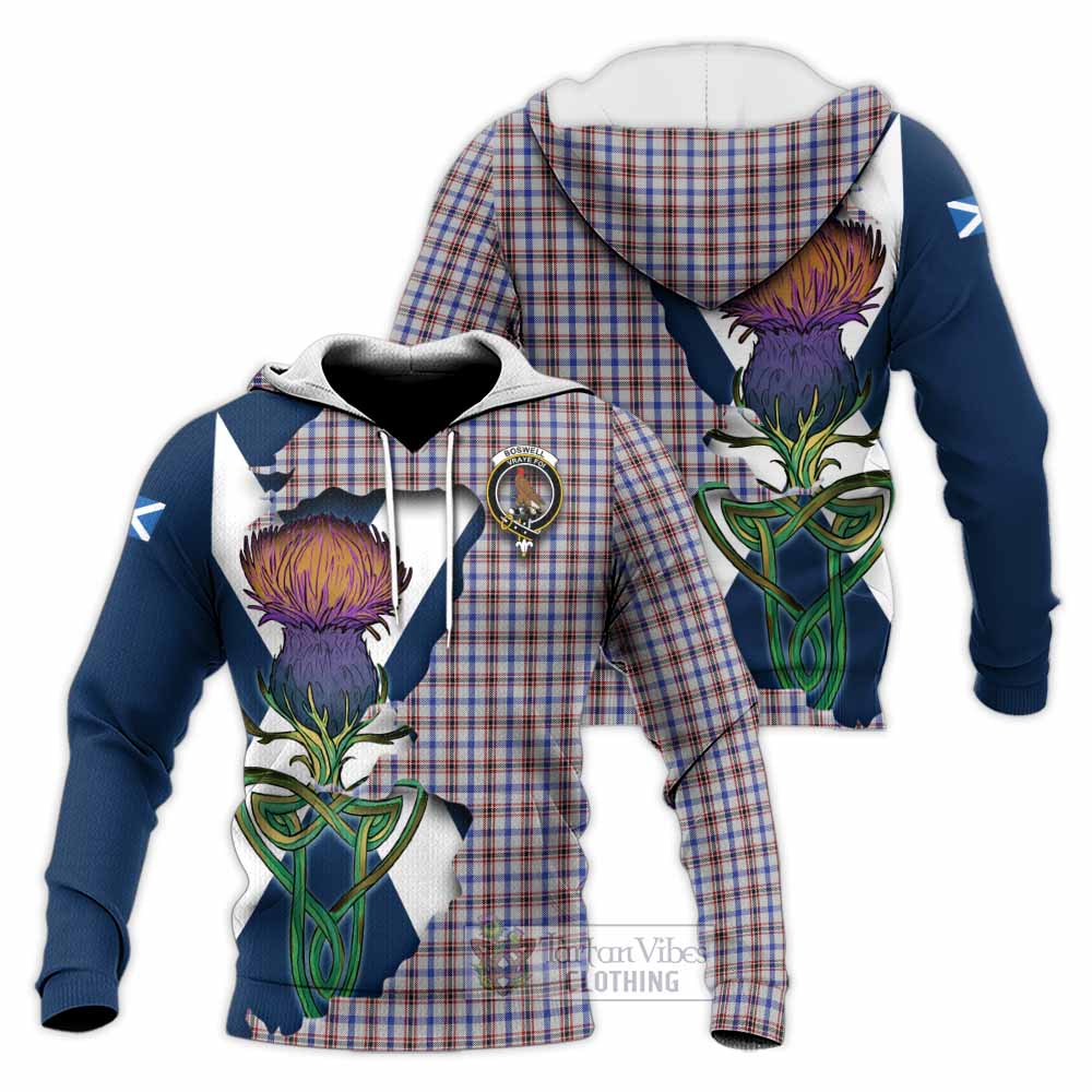 Tartan Vibes Clothing Boswell Tartan Family Crest Knitted Hoodie Scottish Thistle Celtic Inspired