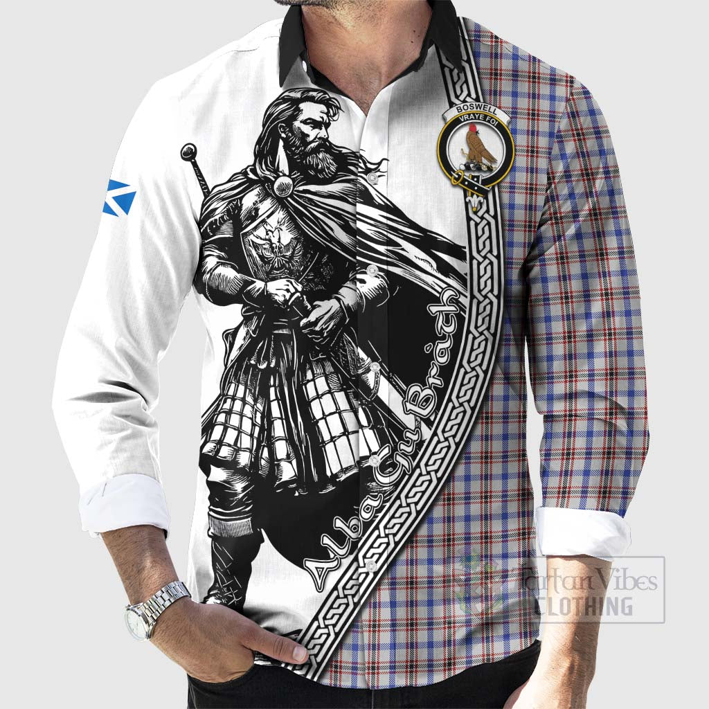 Boswell Tartan Clan Crest Long Sleeve Button Shirt with Highlander Warrior Celtic Style - Tartan Vibes Clothing