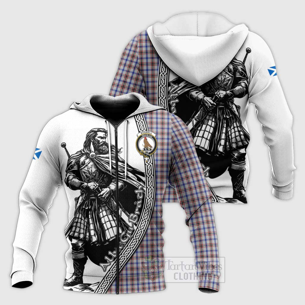 Boswell Tartan Clan Crest Knitted Hoodie with Highlander Warrior Celtic Style Unisex Knitted Zip Hoodie - Tartan Vibes Clothing