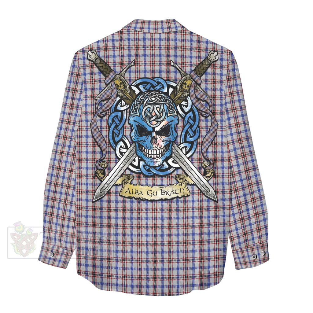Boswell Tartan Women's Casual Shirt with Family Crest Celtic Skull Style - Tartan Vibes Clothing