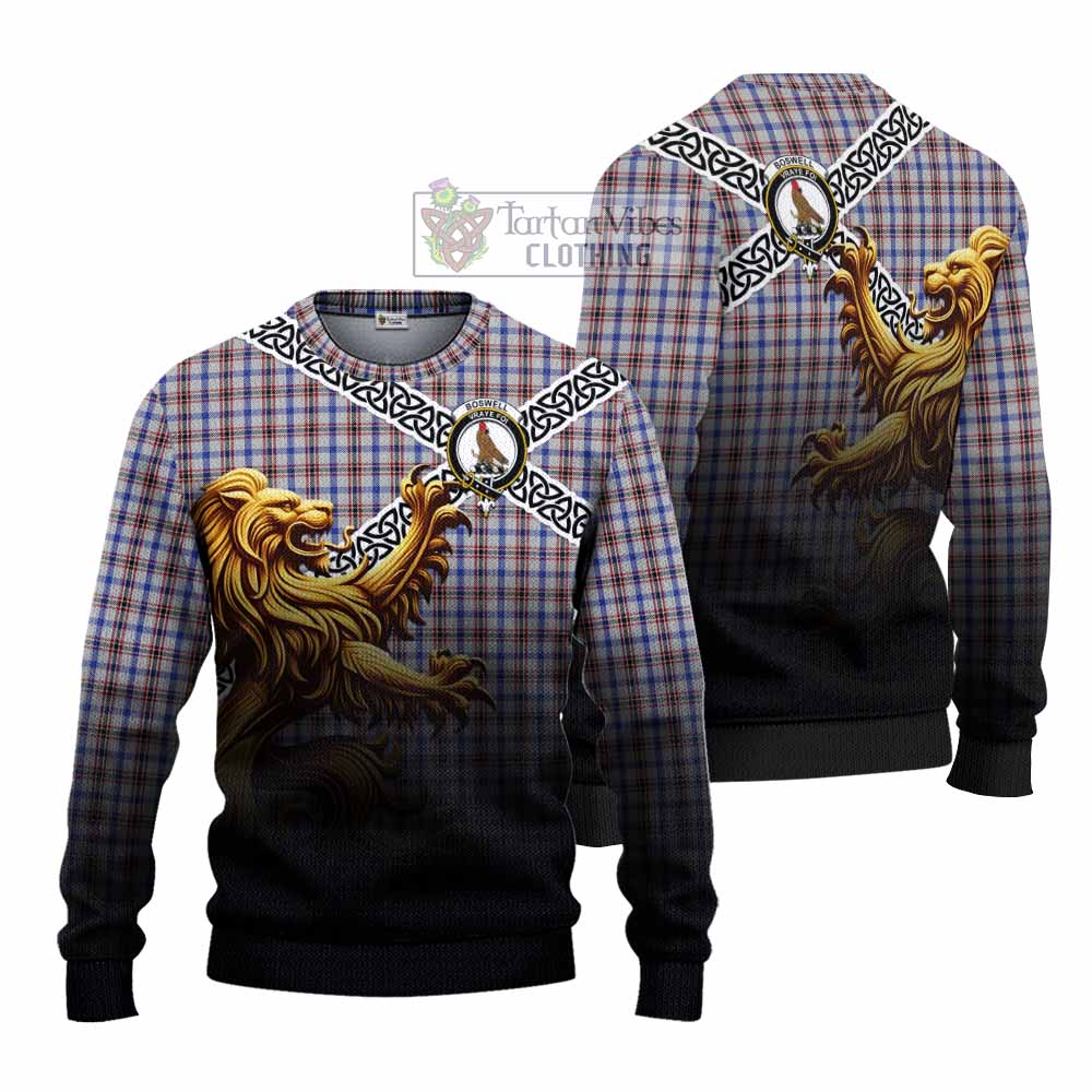 Boswell Crest Tartan Knitted Sweater with Golden Lion Emblem Celtic Style - Tartan Vibes Clothing