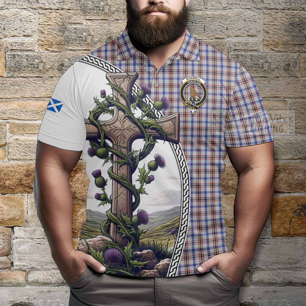 Tartan Vibes Clothing Boswell Tartan Polo Shirt with Family Crest and St. Andrew's Cross Accented by Thistle Vines
