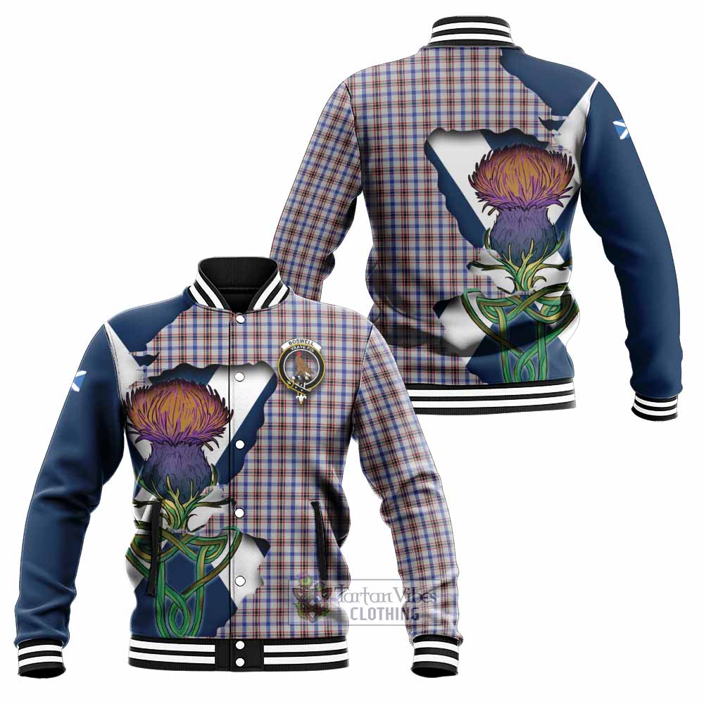Tartan Vibes Clothing Boswell Tartan Family Crest Baseball Jacket Scottish Thistle Celtic Inspired