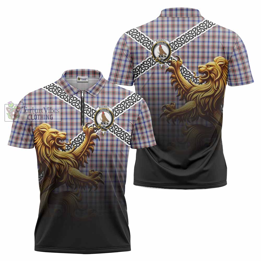 Boswell Crest Tartan Zipper Polo Shirt with Golden Lion Emblem Celtic Style - Tartan Vibes Clothing
