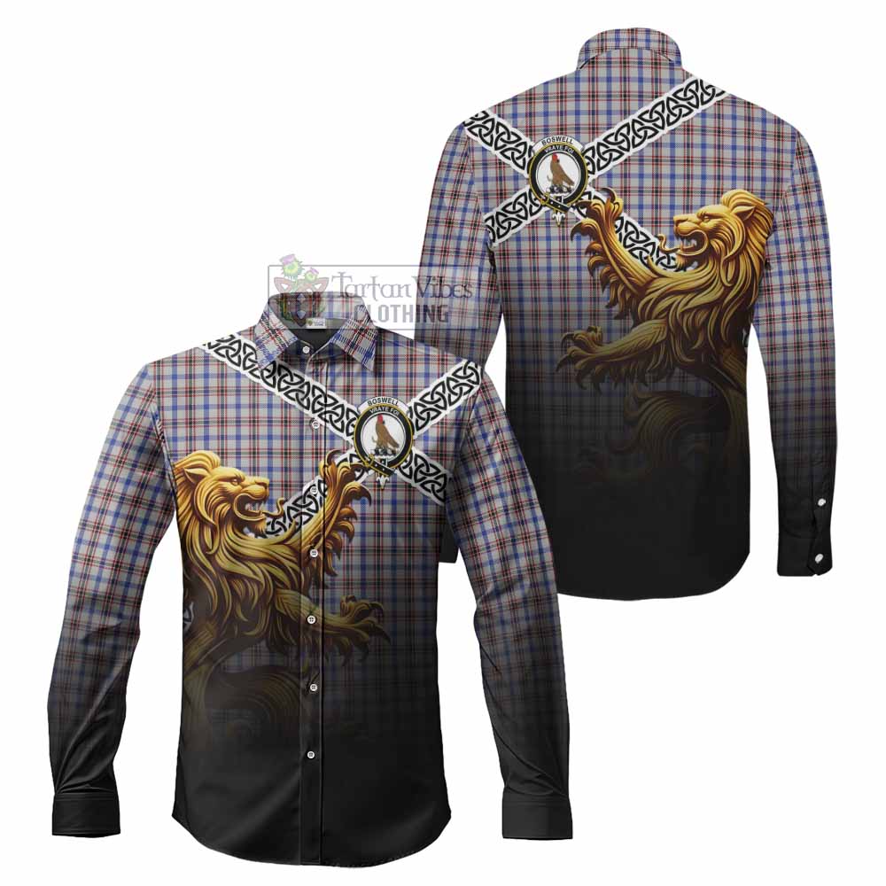 Boswell Crest Tartan Long Sleeve Button Shirt with Golden Lion Emblem Celtic Style - Tartan Vibes Clothing