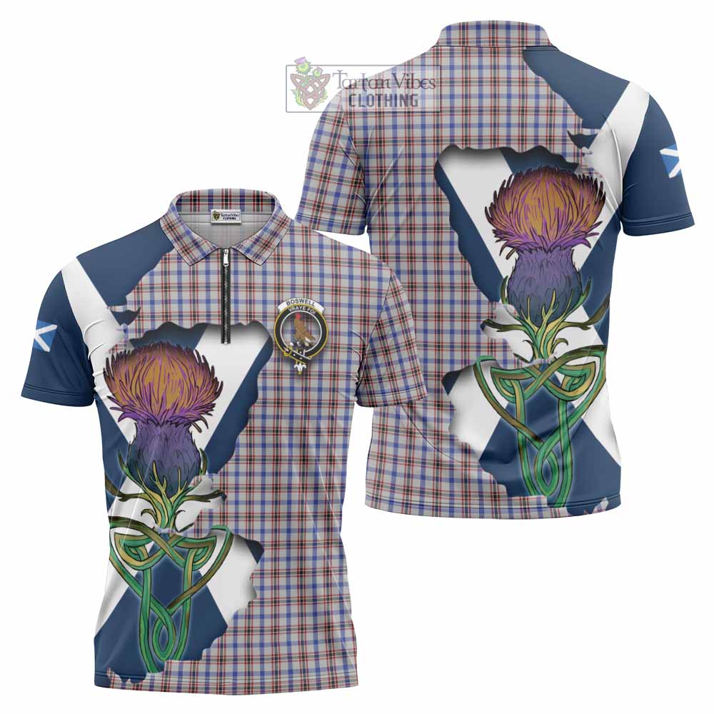 Tartan Vibes Clothing Boswell Tartan Family Crest Zipper Polo Shirt Scottish Thistle Celtic Inspired