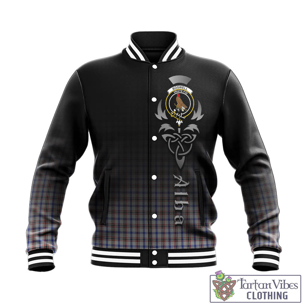 Tartan Vibes Clothing Boswell Tartan Baseball Jacket Featuring Alba Gu Brath Family Crest Celtic Inspired