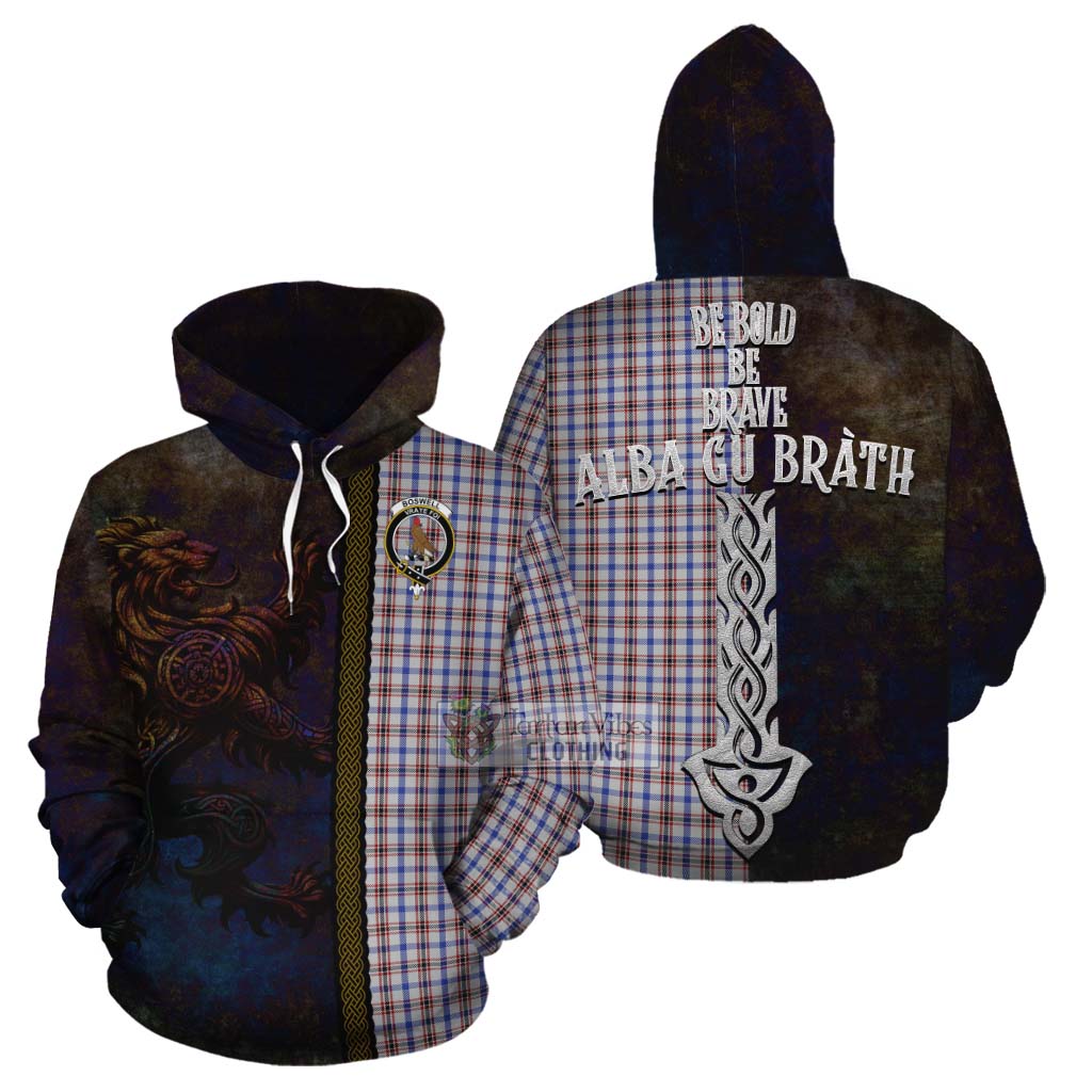 Tartan Vibes Clothing Boswell Tartan Family Crest Cotton Hoodie Alba Gu Brath Be Brave Lion Ancient Style