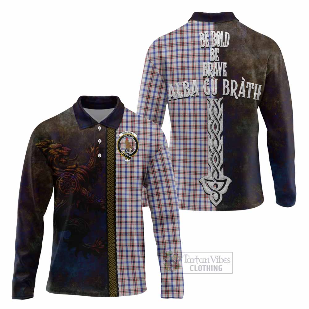 Tartan Vibes Clothing Boswell Tartan Family Crest Long Sleeve Polo Shirt Alba Gu Brath Be Brave Lion Ancient Style