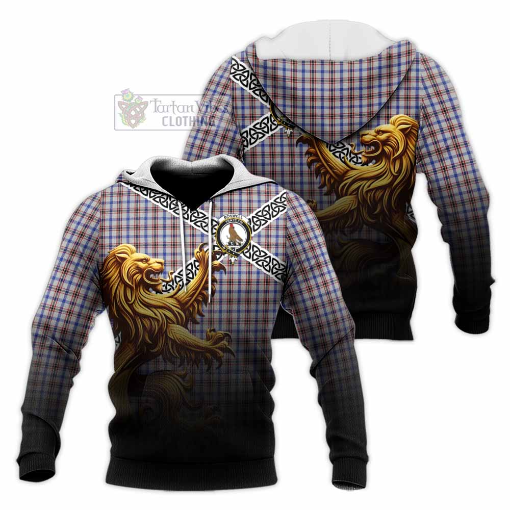 Boswell Crest Tartan Knitted Hoodie with Golden Lion Emblem Celtic Style - Tartan Vibes Clothing