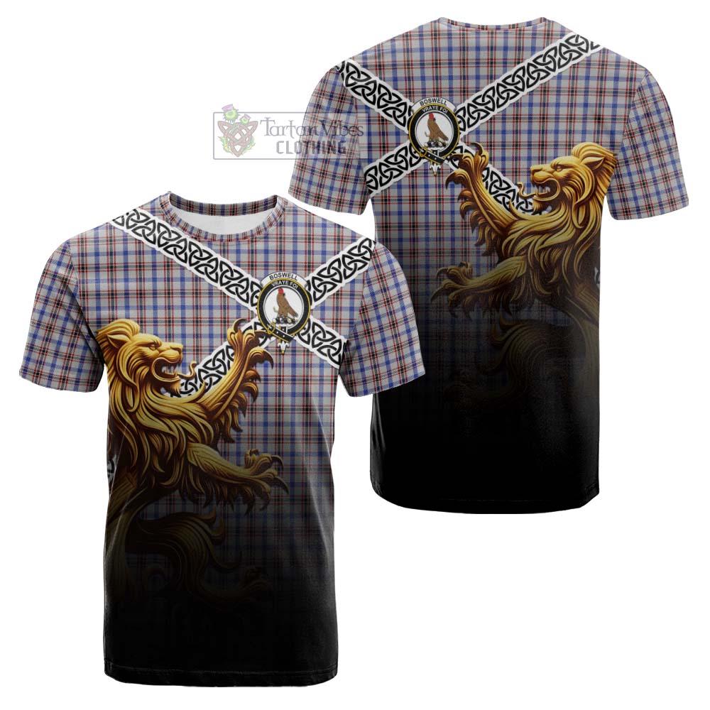 Boswell Crest Tartan Cotton T-shirt with Golden Lion Emblem Celtic Style - Tartan Vibes Clothing