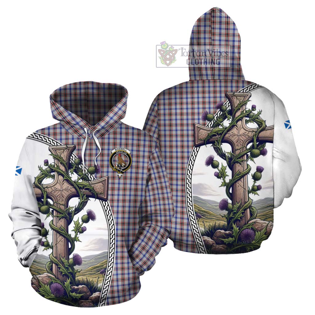 Tartan Vibes Clothing Boswell Tartan Cotton Hoodie with Family Crest and St. Andrew's Cross Accented by Thistle Vines