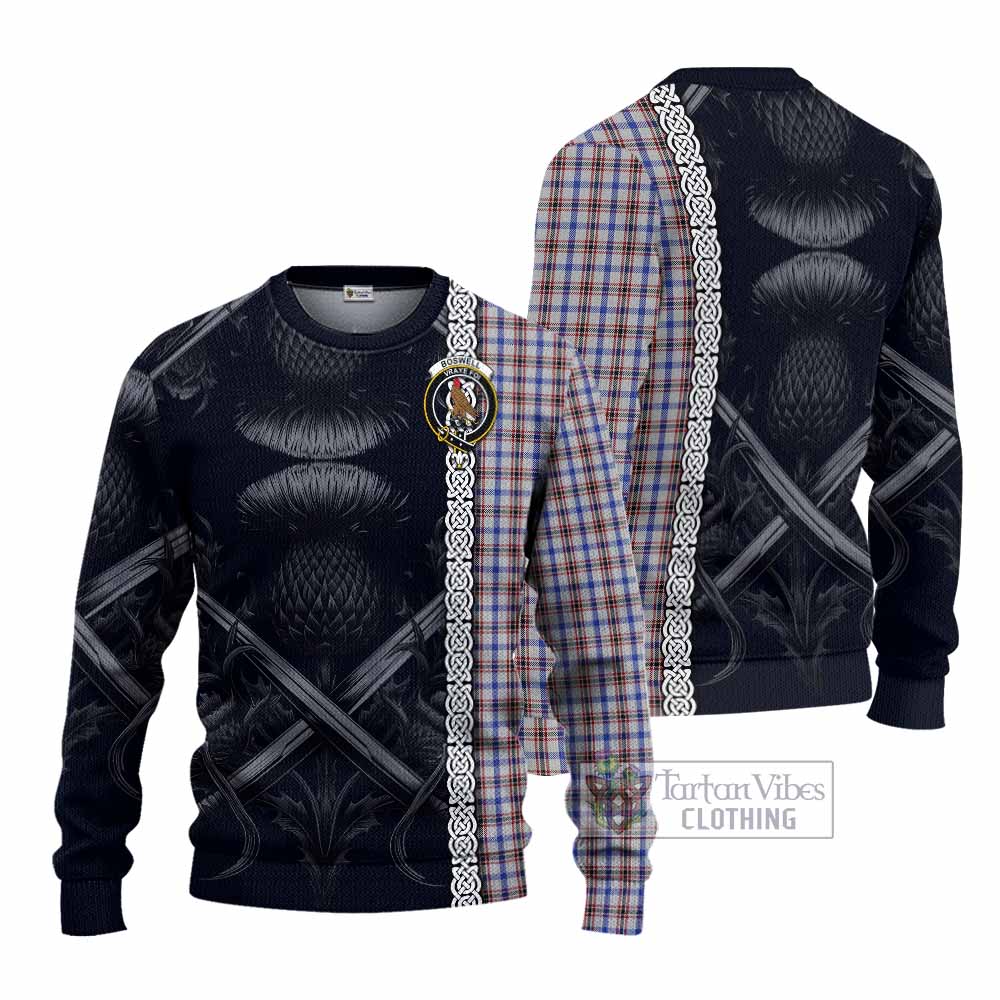 Boswell Tartan Knitted Sweater with Family Crest Cross Sword Thistle Celtic Vibes - Tartan Vibes Clothing