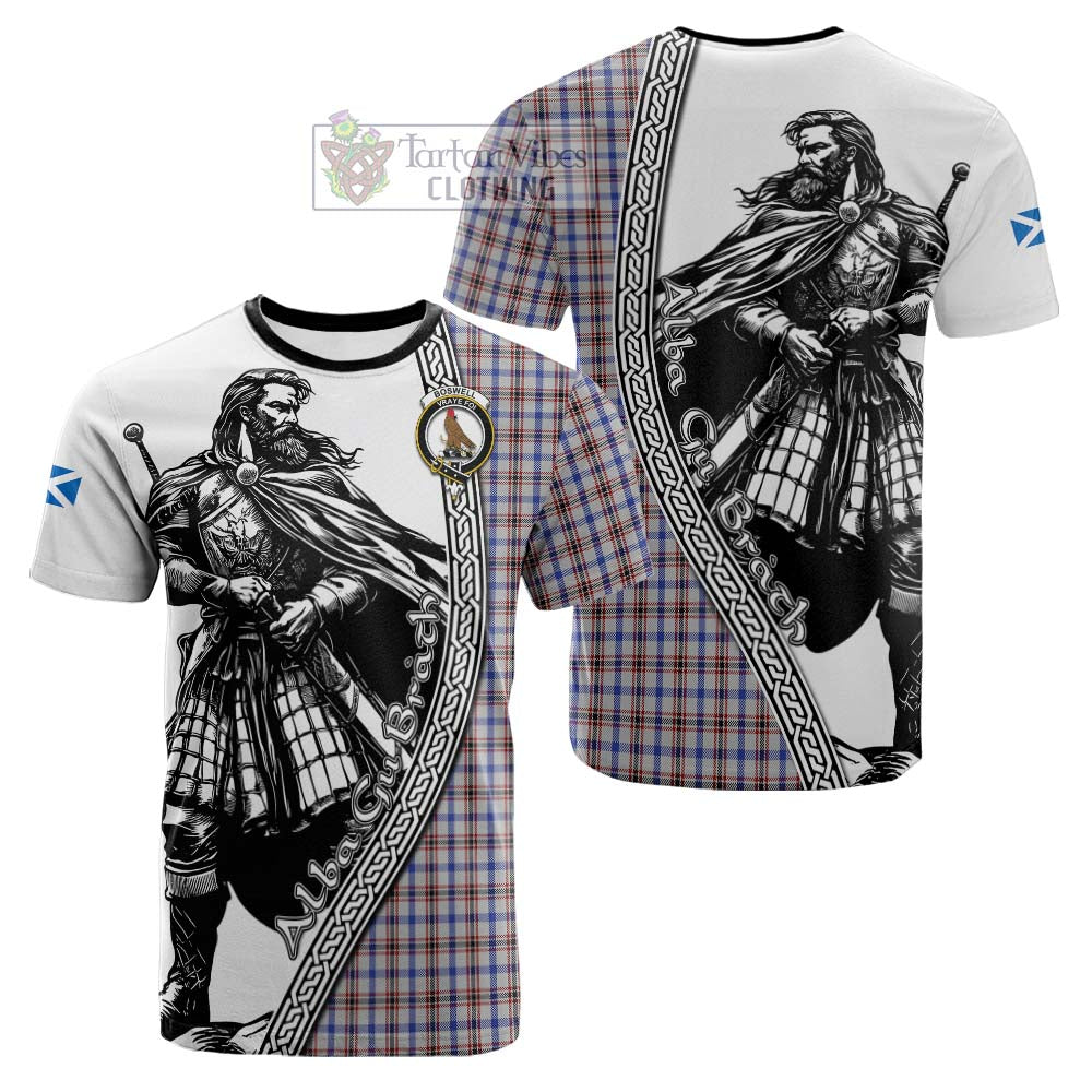 Boswell Tartan Clan Crest Cotton T-shirt with Highlander Warrior Celtic Style - Tartan Vibes Clothing