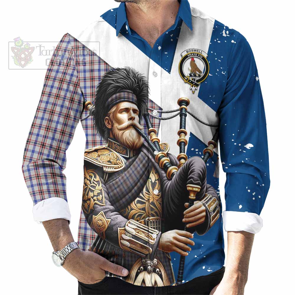 Boswell Tartan Long Sleeve Button Shirt with Family Crest Scottish Bagpiper Vibes - Tartan Vibes Clothing