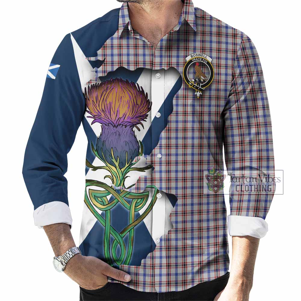 Tartan Vibes Clothing Boswell Tartan Family Crest Long Sleeve Button Shirt Scottish Thistle Celtic Inspired