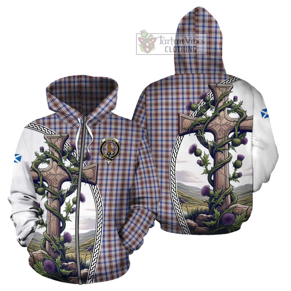Tartan Vibes Clothing Boswell Tartan Cotton Hoodie with Family Crest and St. Andrew's Cross Accented by Thistle Vines