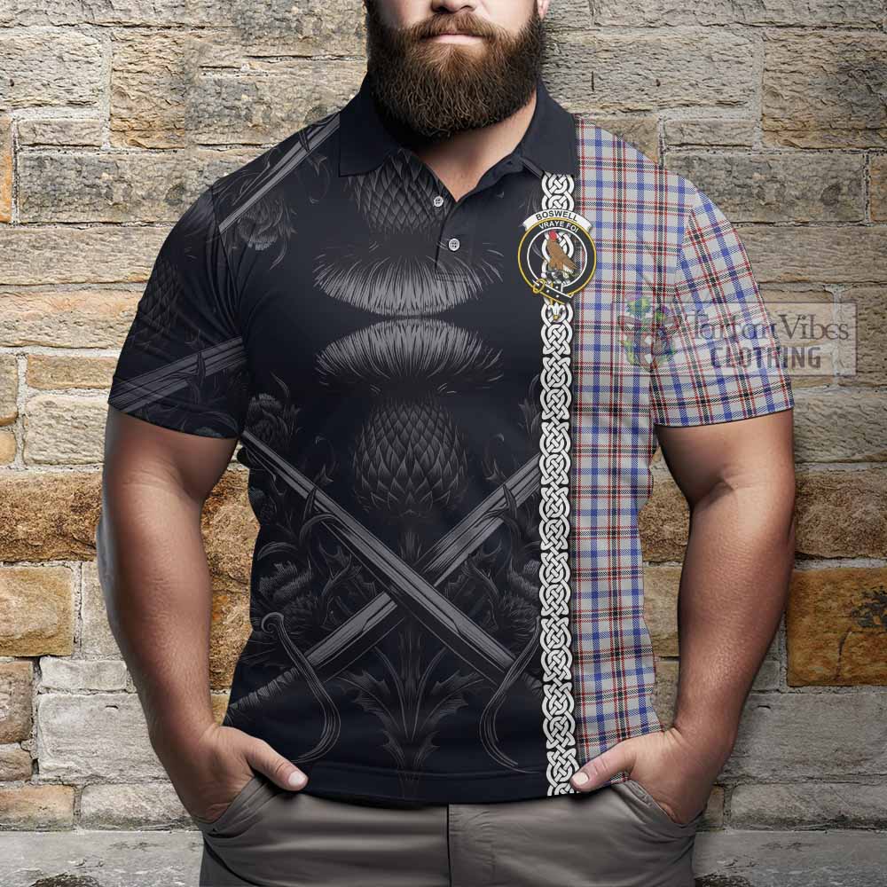 Boswell Tartan Polo Shirt with Family Crest Cross Sword Thistle Celtic Vibes - Tartan Vibes Clothing