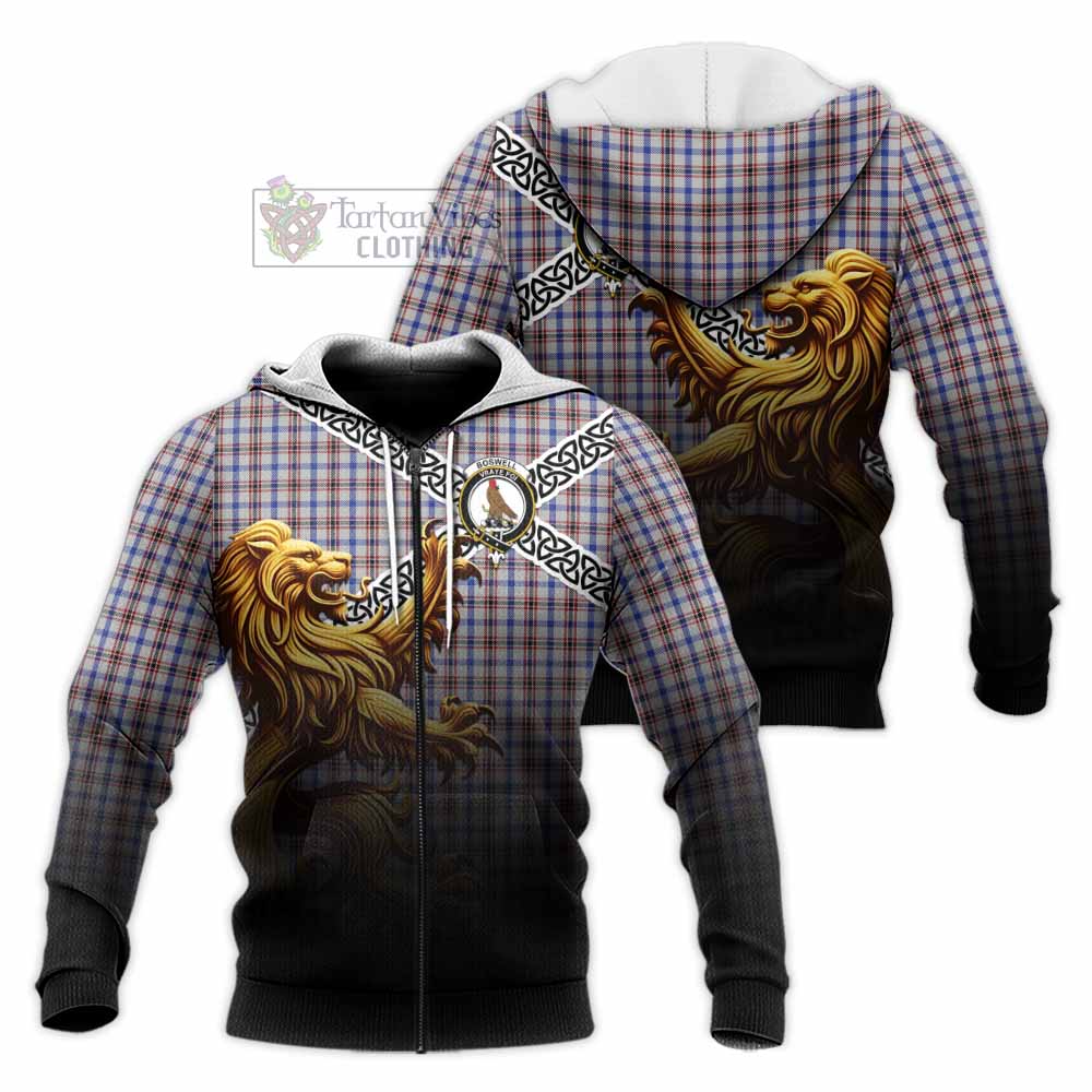 Boswell Crest Tartan Knitted Hoodie with Golden Lion Emblem Celtic Style Unisex Knitted Zip Hoodie - Tartan Vibes Clothing