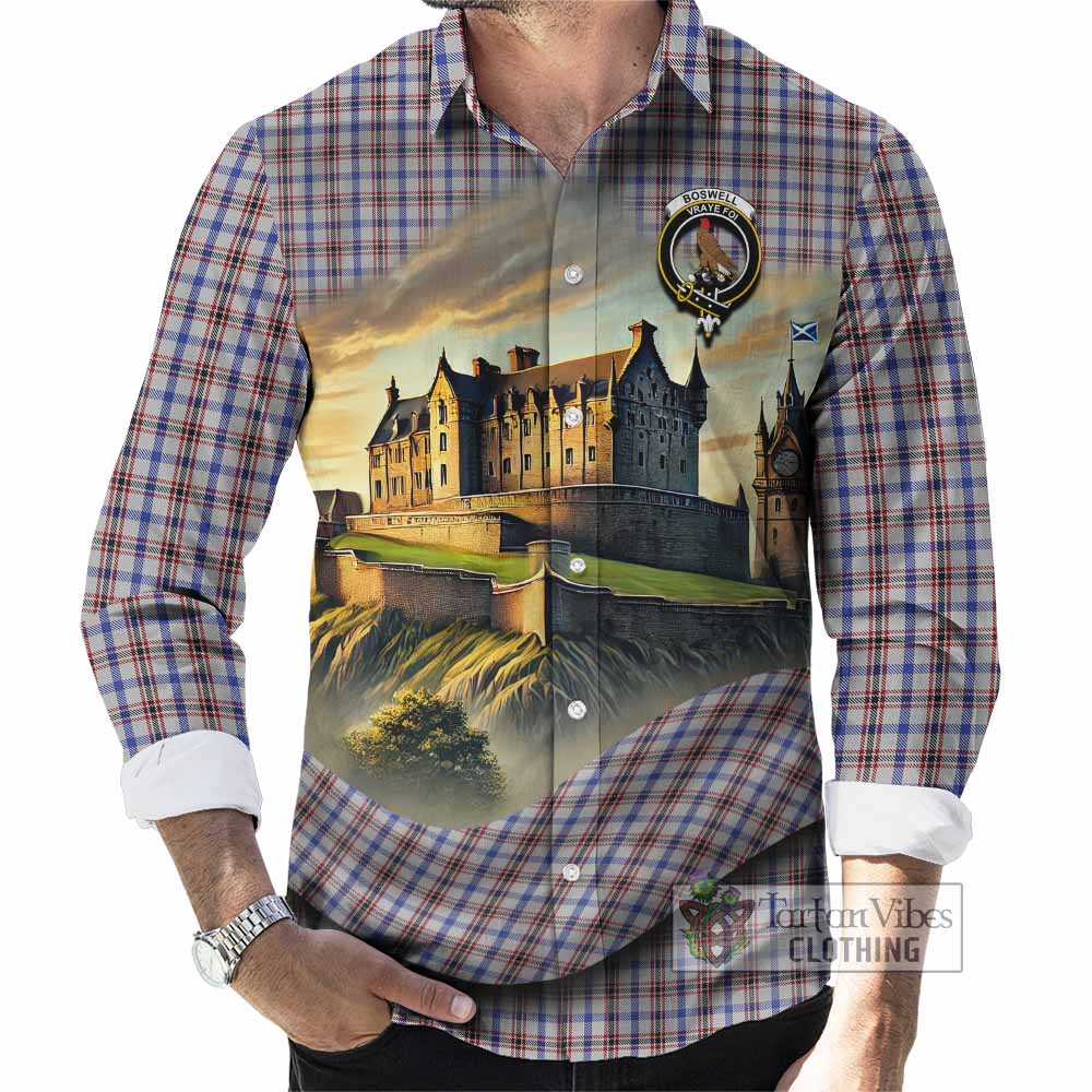 Tartan Vibes Clothing Boswell Tartan Family Crest Long Sleeve Button Shirt with Scottish Ancient Castle Style