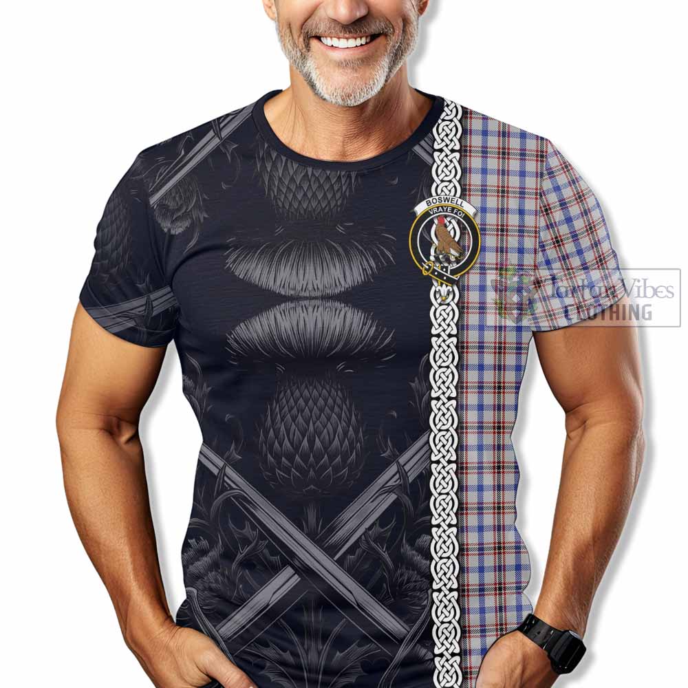 Boswell Tartan T-Shirt with Family Crest Cross Sword Thistle Celtic Vibes - Tartan Vibes Clothing