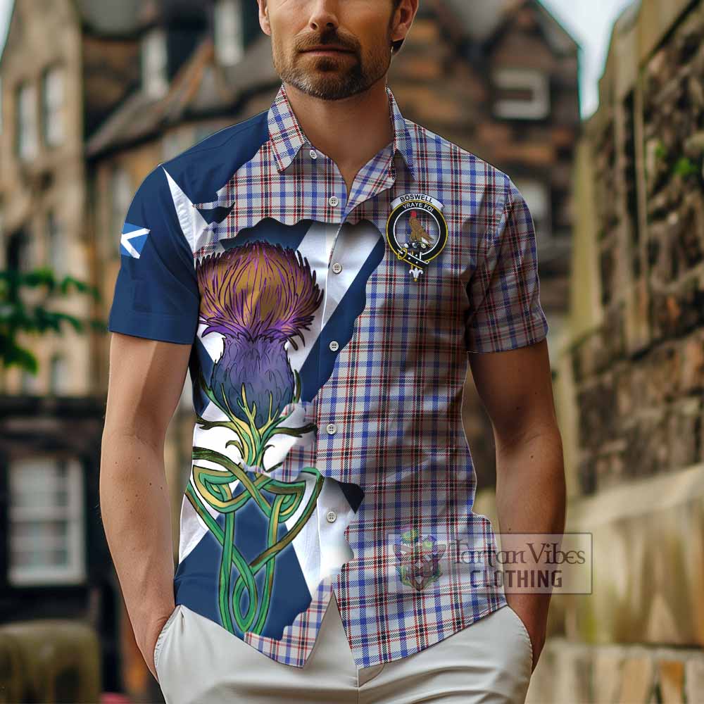 Tartan Vibes Clothing Boswell Tartan Family Crest Short Sleeve Button Shirt Scottish Thistle Celtic Inspired