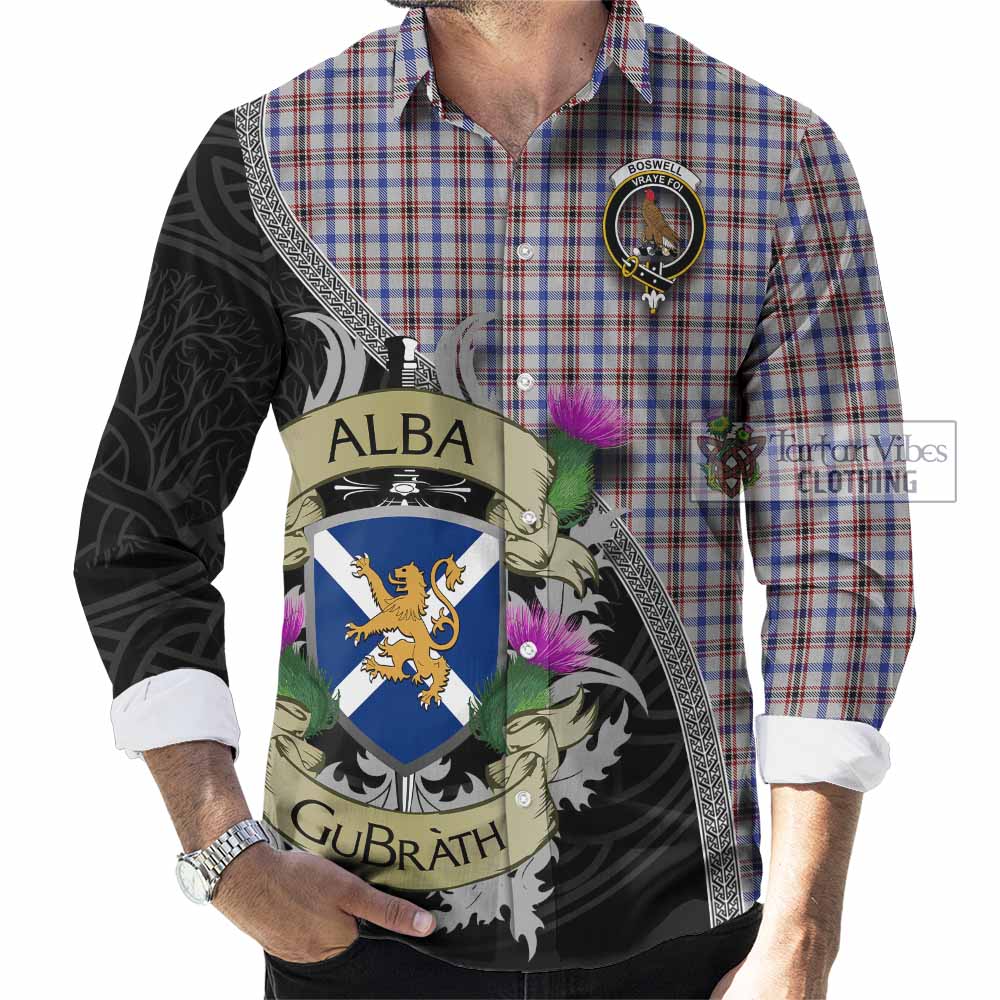 Boswell Tartan Family Crest Long Sleeve Button Shirt Lion Rampant Royal Thistle Shield Celtic Inspired - Tartan Vibes Clothing